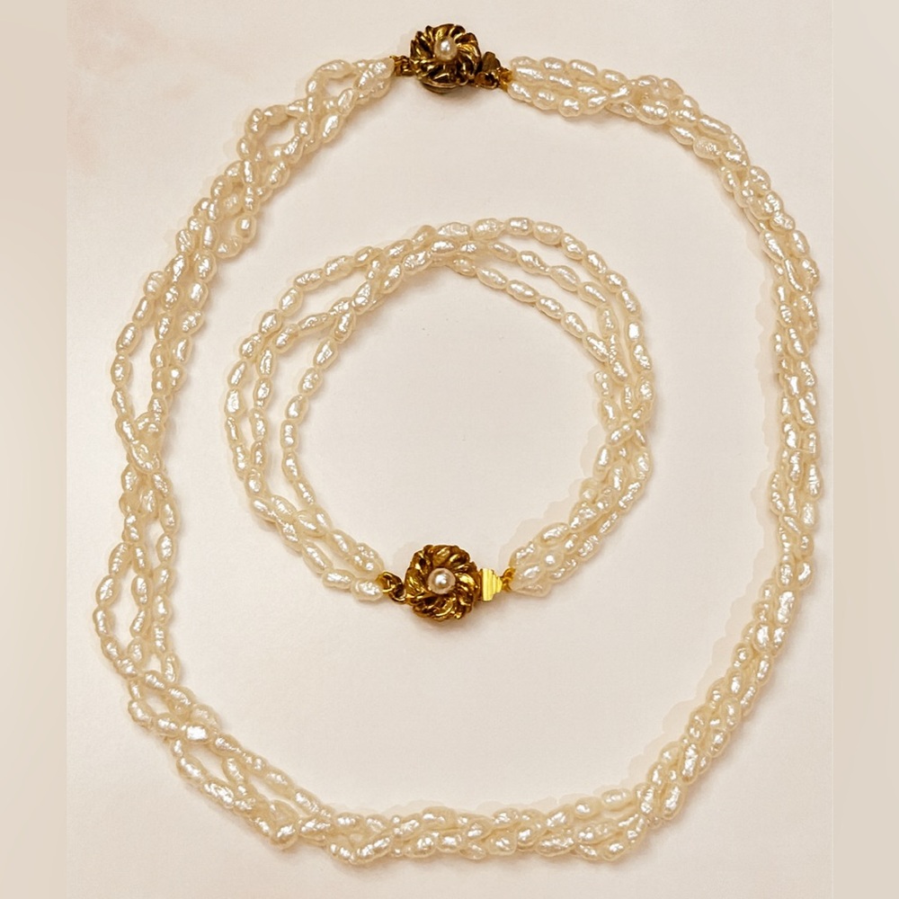 Triple Strand Natural Pearl Necklace and Bracelet set with Gold Accents
